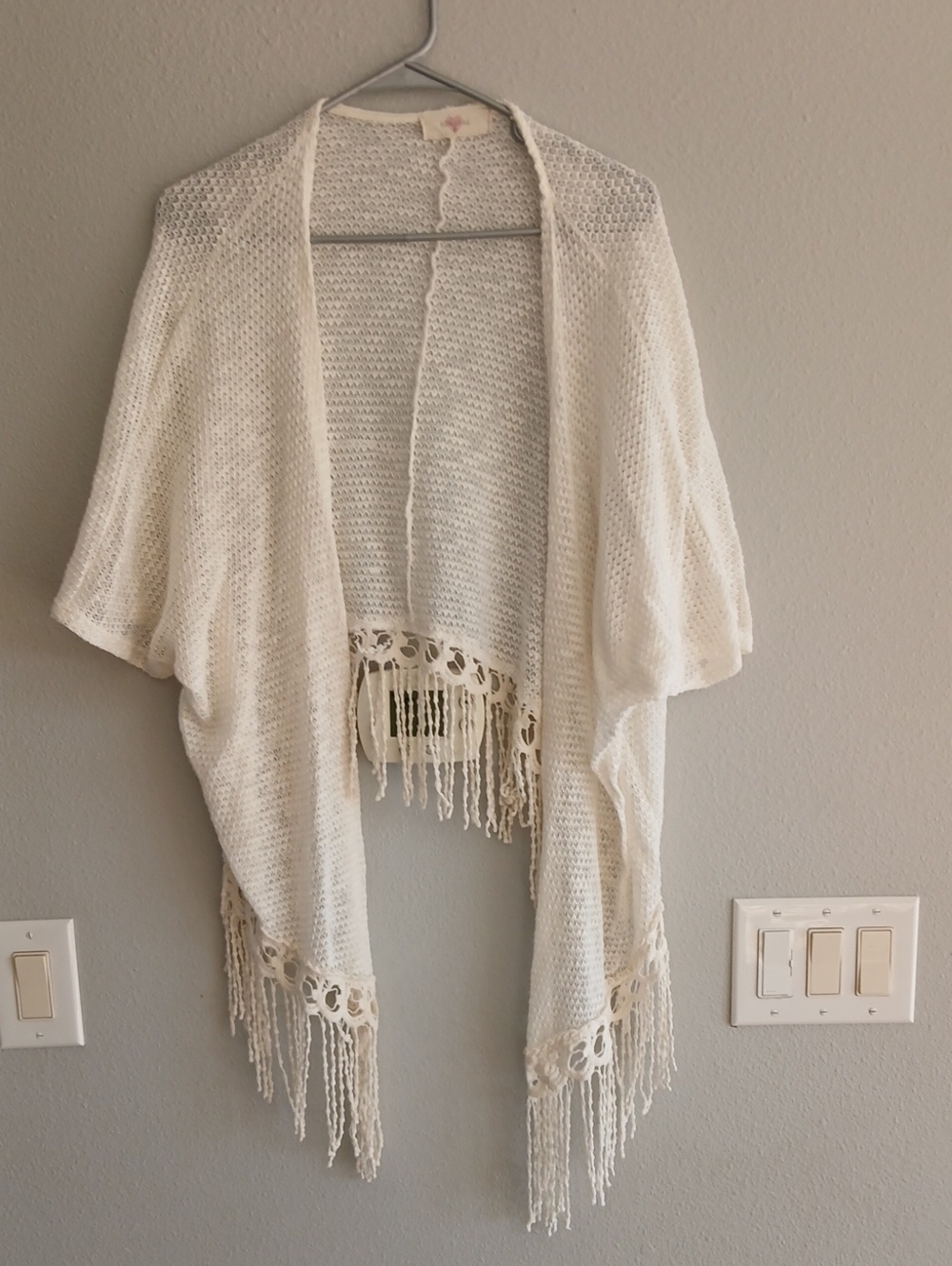 Blush Cream Boho Crochet Fringe Wrap Cardigan Medium